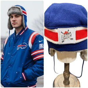 Labatt Blue Winter Knit Faux Fur Ear Flap Trapper Hat Collectible Hockey Sports